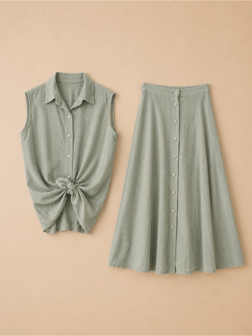 Vintage Sage Green Gingham Cottagecore Two Piece Skirt Set Medium